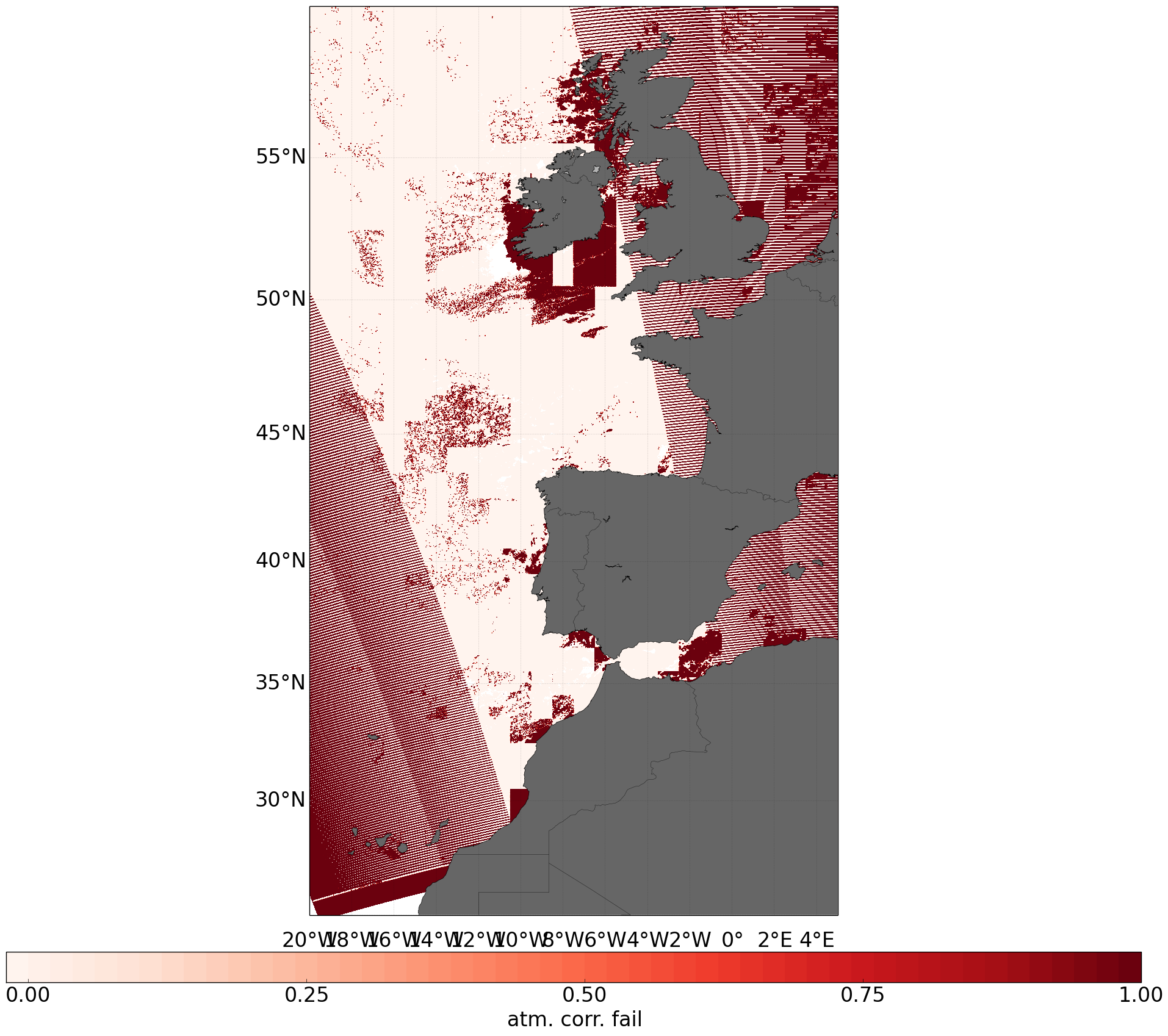 Atmospheric correction failure flag post L1B&gt;L2 processing. Note the odd shape of the 'boxes' of bad data.